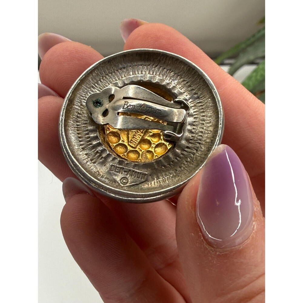 Vintage Ben Amun Statement Clip Earrings Mixed Metal Byzantine Coin Designer - Picture 8 of 11